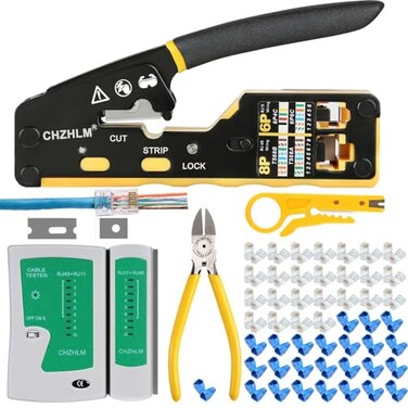 CHZHLM RJ45 Crimping Tool Kit Rj45 Crimper Stripper Cutter AllinOne Pass Through Crimper for 8P RJ45 Cat5 Cat5e Cat6 Cat6a 6P RJ1112 Telephone Connectors With 50Pcs Connectors 50Pcs Covers Mini Stripp