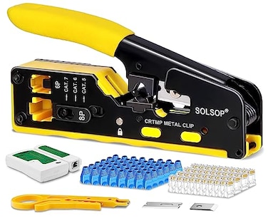 Solsop Pass Through RJ45 Crimp Tool Kit AllinOne Ethernet Crimper Cat7 Cat6 Cat5 Crimping Tool with Network Cable Tester 50Pack Cat6 RJ45 Pass Through Connector 50Pack Connector Boots