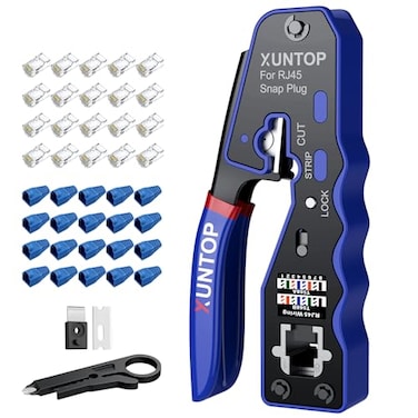 XUNTOP RJ45 Crimp Tool Kit for Cat5 Cat5e Cat6 Cat6a Ethernet Crimping Tool Kit for RJ45 Pass Through Connector with 20 PCS Cat6 Pass Through Crystal Heads 20 PCS Blue Protection Covers