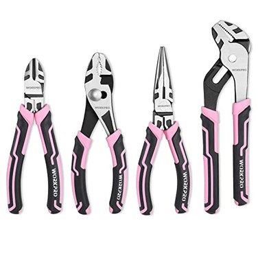 WORKPRO 4Piece Pliers Set Premium CRV Construction Pliers Tool Sets Including Long Nose Diagonal Cutting Groove Joint and Slip Joint Pliers Pink Ribbon