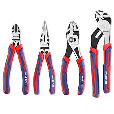 WORKPRO 4Piece Pliers Set Premium CRV Construction Tool Set Including Long Nose Diagonal Cutting Groove Joint and Slip Joint Pliers Red