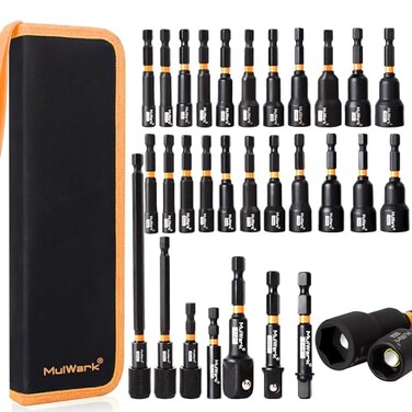 MULWARK MulWark 29 Piece Magnetic Nut Driver Set Impact drill socket adapter SAE and Metric Nut Driver Set Includes Magnetic Bit Holder Quick Release Extension with Storage Bag Christmas Gift
