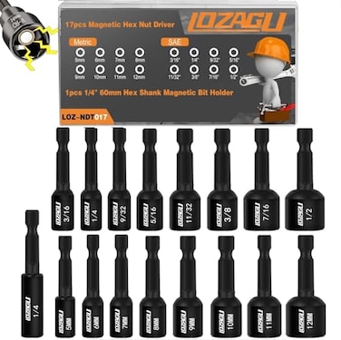 LOZAGU 17PCS Magnetic Nut Driver Set SAE and Metric Premium Impact Power Hex Nut Driver Drill Bit Master Kit 14 Inch Hex Shank CrV Steel 17PCS Magnetic Nut Driver Short