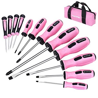 FASTPRO 12Piece Pink Magnetic Screwdrivers Set with Slotted Phillips Screwdrivers and Precision Screwdrivers Repair Tool Kit for Women with Storage Bag