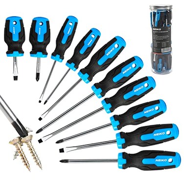 NEIKO 01378A Magnetic Screwdriver Set 10 Piece Phillips Flathead Heat Treated Chrome Vanadium Steel Slotted Head Tip with NonSlip Cushioned Handle Grips Small Screw Driver Tool Kit