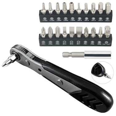 STREBITO Mini Ratchet Set 22Piece 14 Ratchet Right Angle Screwdriver 36Tooth Small Ratcheting Wrench Bit Ratchet For Tight Spaces with Phillips Slotted Torx Hex Square and Adapter for Socket