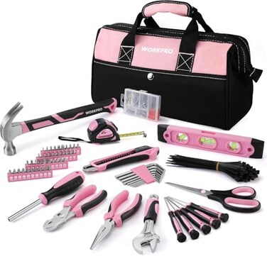 WORKPRO Pink Tool Kit 263Piece Home Repairing Tool Set with Wide Mouth Open Storage Bag Household Tool Kit Pink Ribbon
