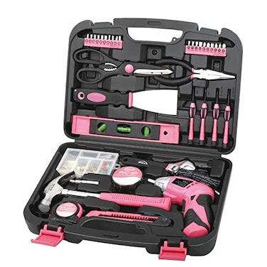 Apollo Tools 135 Piece Household Pink Hand Tools Set with Pivoting DualAngle 36 V LithiumIon Cordless Screwdriver DT0773N1