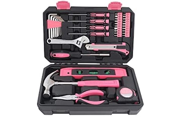 Apollo Tools 39 Piece General Household Tool Set in Toolbox Storage Case with Essential Hand Tools for Everyday Home Repairs DIY and Crafts Pink Ribbon Pink DT9711P