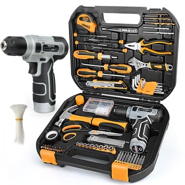 SOARFLY Upgraded 180 Piece Tool Set Tool Kit with 8V Cordless Drill Set General Household Hand Drill Kit for Men and Women Plastic Storage Toolbox for DIYers Home Maintenance and Everyday RepairsOrang