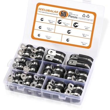 SEELUBALAR 60PCS Cable Clamps Assortment Kit 7 Sizes 14 516 38 12 58 34 1 Rubber Insulated P Clamps Stainless Steel Automotive Clamp for Wire Hose Pipe Secure Routing