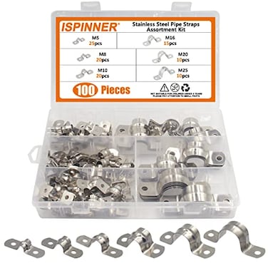 ISPINNER 100pcs Stainless Steel Rigid Pipe Strap Assortment Kit 2 Holes Cable U Bracket Clamp Hanger Tube Strap Tension Clips M5 M8 M10 M16 M20 M25