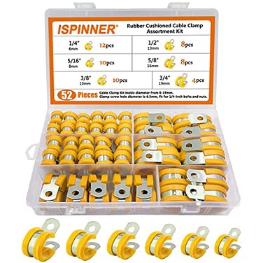ISPINNER 52pcs Cable Clamps Assortment Kit 304 Stainless Steel Rubber Cushion Pipe Clamps in 6 Sizes 14 516 38 12 58 34 Yellow