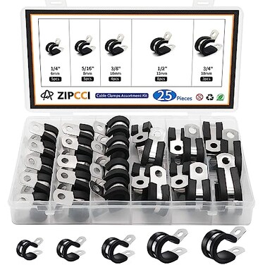 ZIPCCI Cable Clamps Assortment Kit 25 Pack Stainless Steel Rubber Cushion Pipe Clips 14 516 38 12 58 34 inch