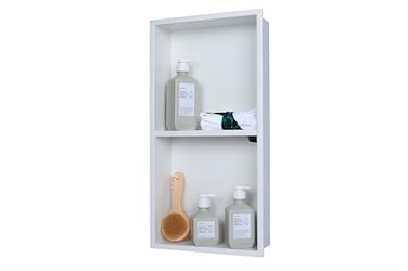IKITRAEE 24 x 12 in Recessed Shower Niche with Double Shelves Matte White Stainless Steel Wall Insert No Tile Needed Leakproof Builtin Storage for Bathroom Kitchen