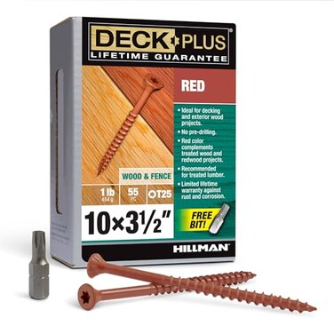 Deck Plus 312 Inch Epoxy Coated Exterior Wood and Fence Screws 10 x 312 TorxStar Drive Included Coarse Thread Outdoor Rust Resistant Decking Screw Red 1lb Box 55 Pieces 48435