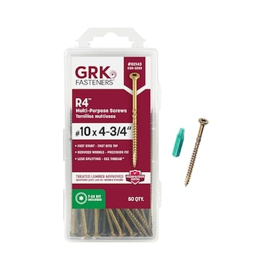 GRK Fasteners R4 10 x 434 Inch MultiPurpose Framing Screws 50 PCS Rust Resistant Climatek Coating Outdoor Fencing and Deck Screws Fast Bite Tip Star Drive Recess T25 Bit Included Gold