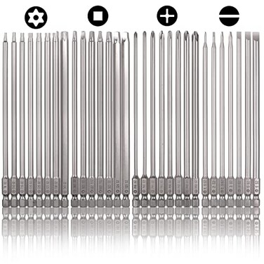 Mixiflor 30 Pcs Long Screwdriver Bits for Drill Set 14 Inch Hex Shank S2 Steel Magnetic 4 Inch Long Drill Bits with Storage BoxSlottedCrossSquare Torx