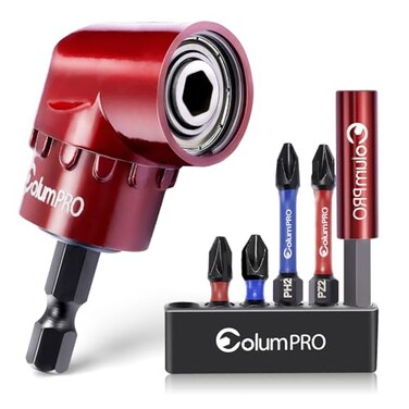 ColumPRO 105 Degree Right Angle Drill Screwdriver Bit Set 14 Hex Shank Right Angle Drill Attachment with 4PCS PZ2 PH2 Screwdriver bits and bit holder