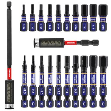 GEINXURN 22 Pieces Multi Hex Head Impact Tough Magnetic Allen Wrench Drill Bits Set MetricSAE1 In2 In Mixed Hex Head S2 Steel Power Bits Set with Bit Extension Holder