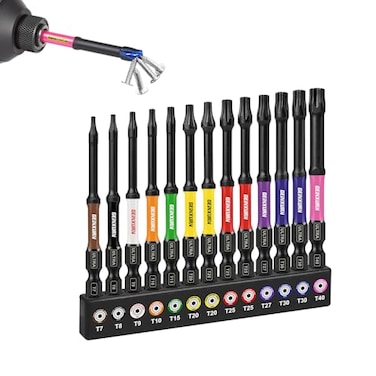 GEINXURN Geinxurn 3Impact Torx Screwdriver Bits Set13Pcs Magnetic S2 Steel Long Extension Star Driver Bits Set T7T40 with Color Coded Base
