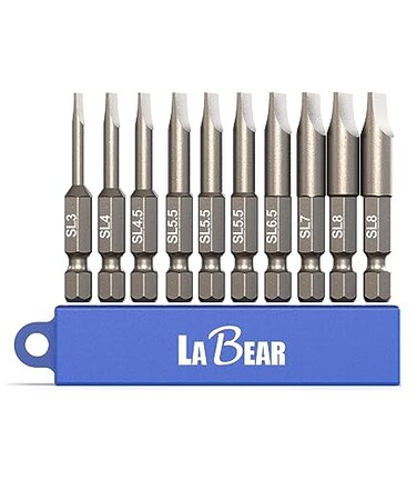 LABEAR 10Piece Slotted Screwdriver Bit Set 2Inch S2 Steel Flat Head Bits 14 Hex Shank Magnetic Driver Bits for Drill Power Screwdriver Furniture Assembly DIY Repair SL3SL8