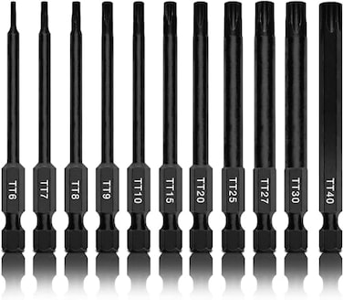 NEIKO 01149A Torx Head Drill Bit Set 11Piece Sizes TT6 to TT40 Tamperproof Magnetic Torx Bits 3 Quick Release Shanks Premium S2 Steel Compatible with Power Drills and Impact Drivers