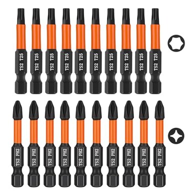 Saipe 10 Pieces Impact Phillips Bit 2 PH2 Bit and 10 Pieces T25 Torx Bits Magnetic 2 Phillips Screwdriver Bits and T25 Star Bits Set 2 inch Long Impact Driver Bits 14 Hex Shank Screw Driver Bit