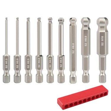 Saipe 9pcs Metric Ball End Hex Screwdriver Bit Set Magnetic Allen Wrench Drill Bit Set 14 Hex Shank S2 Steel 2 Long