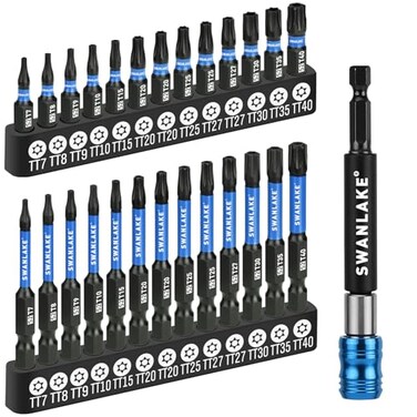 SWANLAKE GARDEN SWANLAKE Impact Torx Bit Set 27piece TT7TT40 12 Security Tamper Proof Magnetic Screwdriver Bits CNC Machined Tips S2 Steel Long Torque Star Bits with 4 Impact Bit Holder and Storage Bo