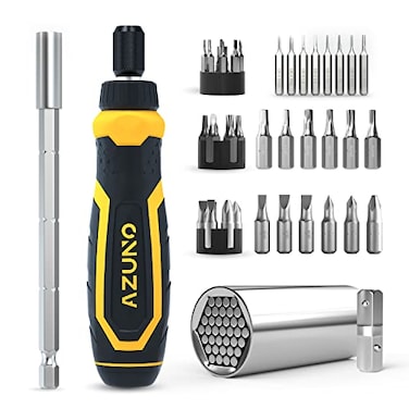 AZUNO 24 IN 1 Ratchet Screwdriver Set with Universal Socket 20 CRV Bits Stored in Handle 128 SlottedPhilipsTorxHexSquare Sand Blasted Bits and Chrome Plated Precision bits