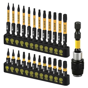 ELEAD Tamper Proof Torx Bit Set 25 Pieces T5T40 Torx Security Bits Set Torque Star Bits with 25 Magnetic Extension Bit Holder and Storage Box S2 Steel
