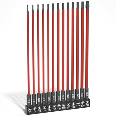 XOOL 13Piece Long Torx Bit Set 6Inch 150mm T6T40 Magnetic S2 Steel 14 Hex Shank CNC Precision Tips for Impact Drivers Drills and Screwdrivers
