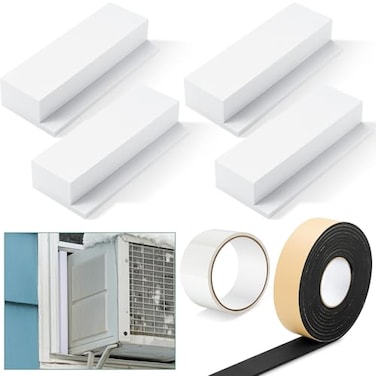 Innconee 4 Pcs Foam Block Compatible with Midea U Shaped Window Air Conditioner Units Ac Side Insulation Seal Kit with Seal Strip and Sealing Tape Prevent Cold Air Leakage for Summer White
