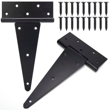BOODVON 10 Inch TStrap Gate Hinges Shed Barn Door Hinges Heavy Duty Black Tee Hinges for Wooden Fences Yard Gate Wrought Hardware Iron Rustproof 2PackSet