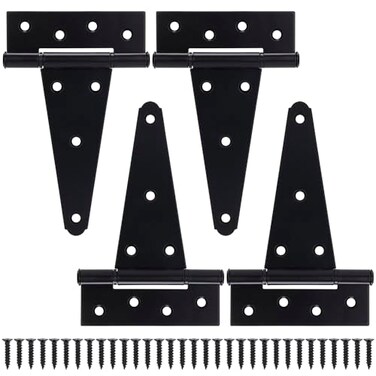 BOODVON 6 Inch TStrap Gate Hinges Shed Barn Door Hinges Heavy Duty Black Tee Hinges for Wooden Fences Yard Gate Wrought Hardware Iron Rustproof 4PackSet