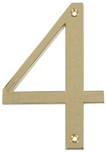 HILLMAN Distinctions Distinctions 843154 House Number 4 Polished Brass Zinc Flush Mount Address Number Modern Outdoor Address Sign for Front Door Mailbox Wall or Plaque 4 Inches