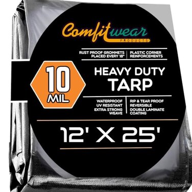 P-Line 12 x 25 Heavy Duty SilverBlack Waterproof UV Blocking 10 Mil Poly Tarp