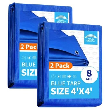 RAINDEWAY Small Tarps 4x4 Feet 2 Pack 8 Mil UV Resistant Durable Multipurpose Waterproof Poly Tarp Cover with Metal Grommets and Reinforced EdgesBlue Tarp