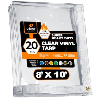 Xpose Safety 8 x 10 Clear Vinyl Tarp Fire Retardant 20 Mil Super Heavy Duty Transparent Waterproof PVC Tarpaulin with Brass Grommets for Patio Enclosure Temporary Wall Multipurpose by