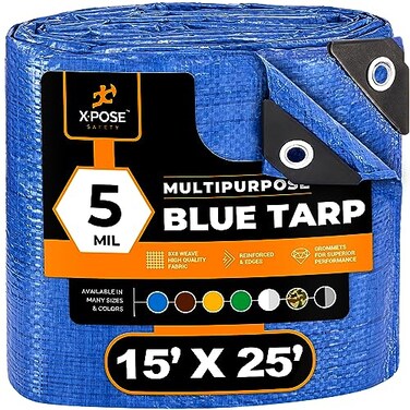 Xpose Safety Better Blue Poly Tarp 15 x 25 Multipurpose Protective Cover Lightweight Durable Waterproof Weather Proof 5 Mil Thick Polyethylene by