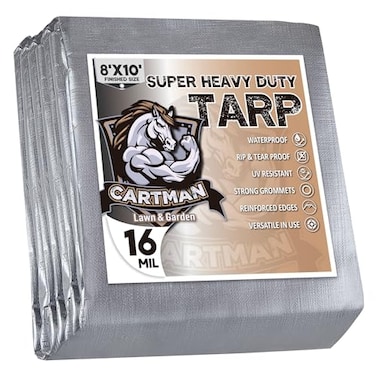 CARTMAN Finished Size 8x10 Feet Extra Thick 16 Mil Ultra Heavy Duty Poly Tarp Multipurpose Protective Cover UV Resistant Waterproof Poly Tarpaulin with Reinforced Edges