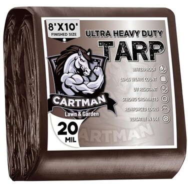 CARTMAN Finished Size 8x10 Feet Extra Thick 20 Mil Brown Ultra Heavy Duty Poly Tarp Multipurpose Protective Cover UV Resistant Waterproof Poly Tarpaulin with Reinforced Edges
