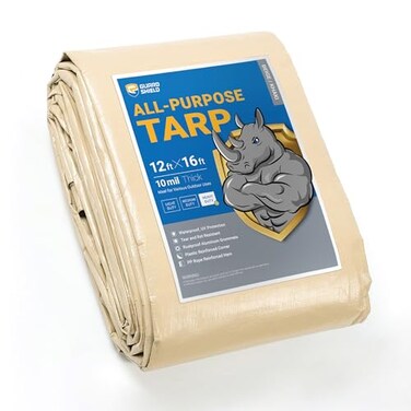 GUARD SHIELD Beige Tarp Heavy Duty Waterproof 12x16 Feet Outdoor Poly Tarps Cover Thick UV Resistant Canopy Tarpaulin with Grommets 10mil