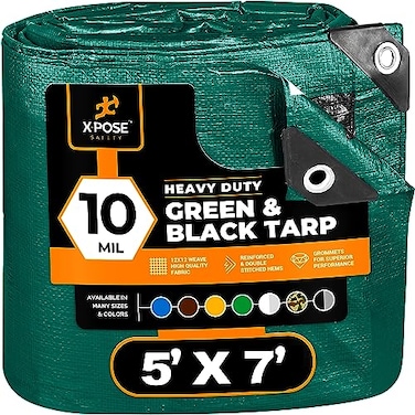 Xpose Safety Heavy Duty Poly Tarp 5 X 7 10 Mil Thick Waterproof UV Blocking Protective Cover Reversible Green and Black Laminated Coating Grommets by