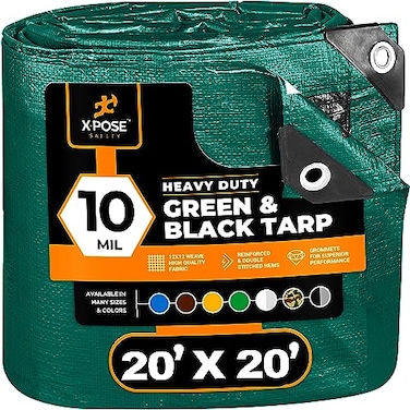 Xpose Safety Heavy Duty Poly Tarp 20 Feet x 20 Feet 10 Mil Thick Waterproof UV Blocking Protective Cover Reversible Green and Black Laminated Coating Grommets by