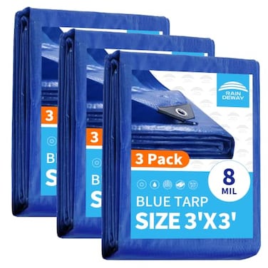 RAINDEWAY Small Tarps 3x3 Feet 3 Pack 8 Mil UV Resistant Durable Multipurpose Waterproof Poly Tarp Cover with Metal Grommets and Reinforced EdgesBlue Tarp