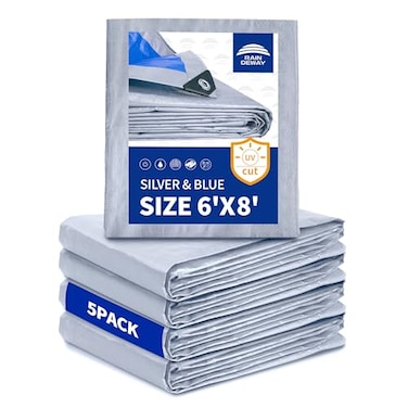 RAINDEWAY Tarps 6x8 Feet 5 Pack 55 Mil Multipurpose Waterproof Poly Tarp Cover with Metal Grommets and Reinforced Edges SilverBlue Tarp by