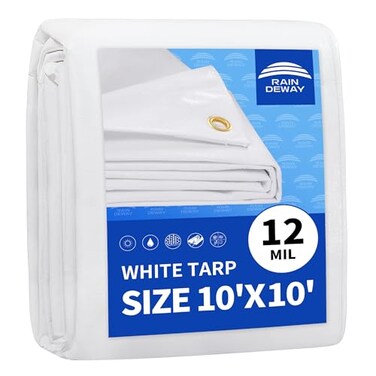 RAINDEWAY 12 Mil Heavy Duty White Tarp 10x10 Feet UV Resistant Waterproof Weatherproof Poly Tarp with Metal Grommets and Reinforced Edges