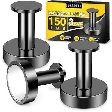 Junarter 3Pcs Magnetic Hooks Black Magnetic Hooks for Cruise Cabins 150lb Magnet Hook Strong Magnet Hooks Heavy Duty Magnetic Hook Heavy Duty for Coat Wreath Camping Classroom Grill Garage